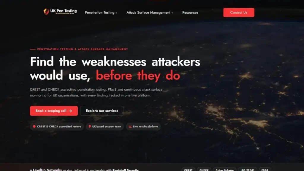 UK Pen Testing website homepage: penetration testing and attack surface management