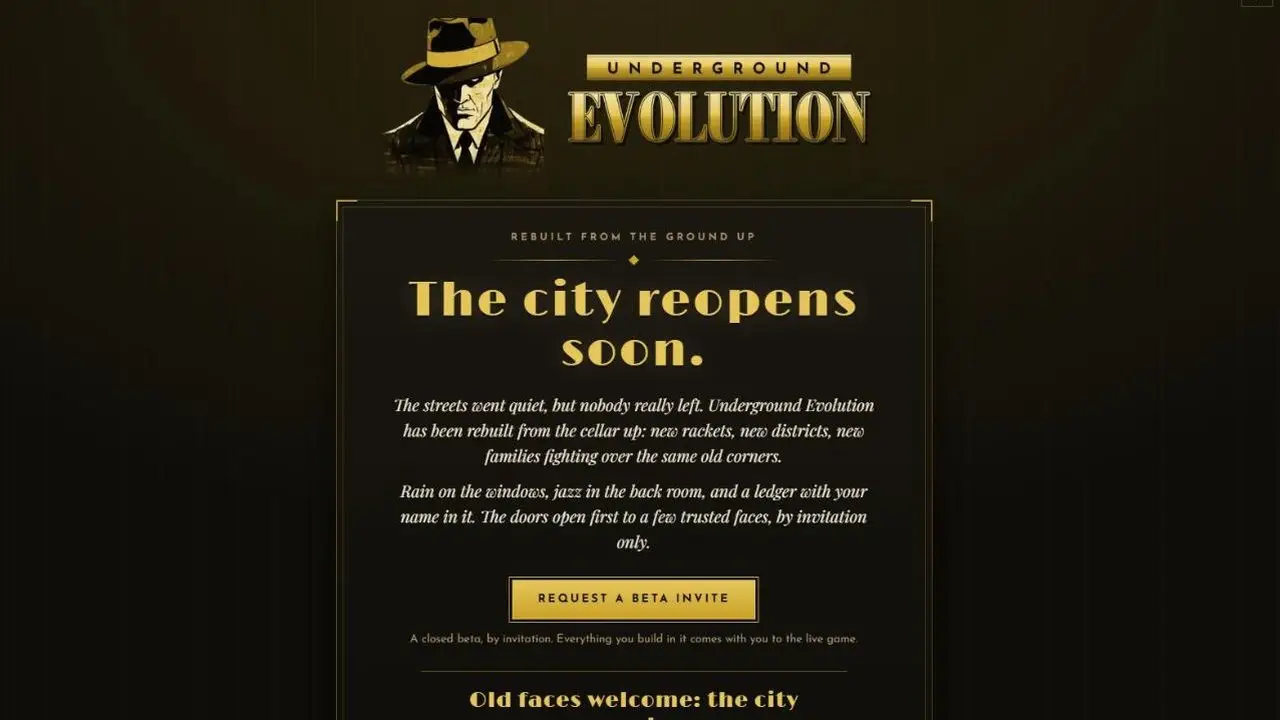 Underground Evolution coming-soon site: a 1920s crime browser game