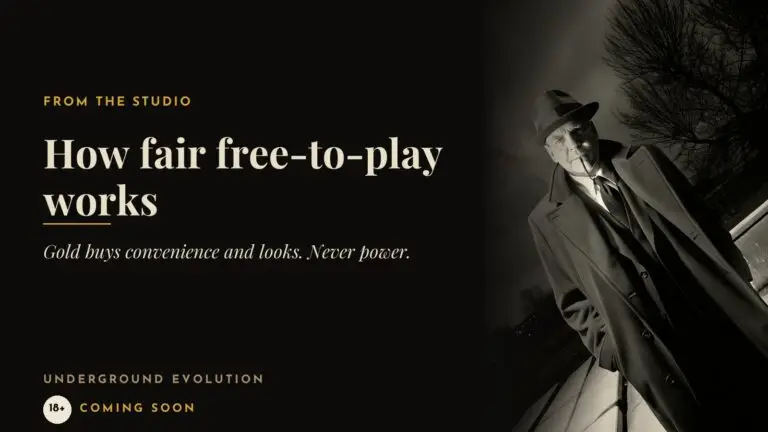 The Don in a dark coat and hat: How fair free-to-play works. Gold buys convenience and looks, never power.