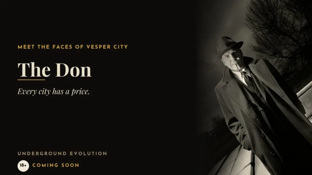 Poster of the Don in a dark coat and hat, smoking a pipe: Every city has a price