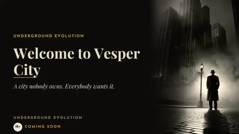 Underground Evolution key art: a lone figure under a street lamp in the fog of Vesper City